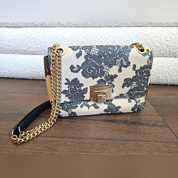Michael Kors Sloan Floral Print Shoulder/Crossbody Bag Black Lace